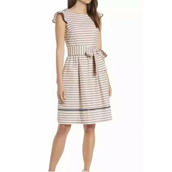 1901 Pink & Navy Blue Striped Belted Cap Ruffled Sleeve Business Casual Dress 8 - Picture 1 of 10